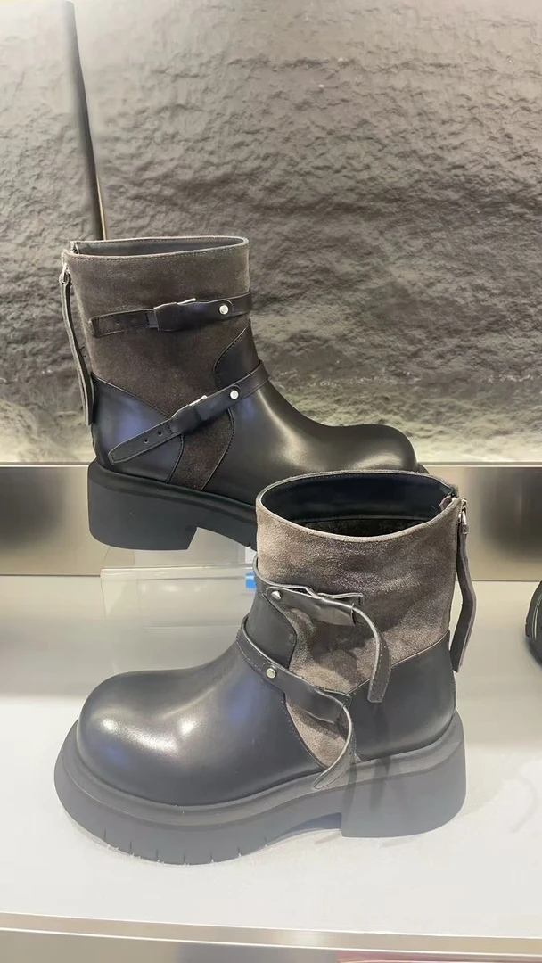 988-81休闲风套筒休闲一脚蹬圆头女鞋马丁靴短筒英伦风女士