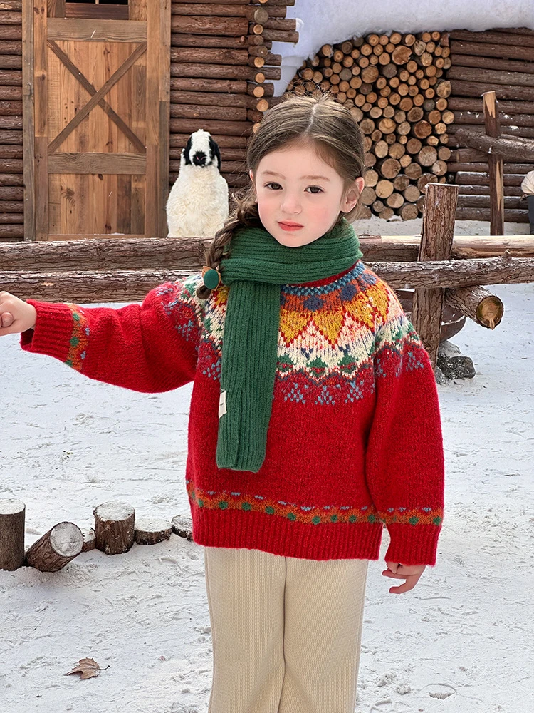 【现货已开价】女童浪漫费尔岛毛衣加厚保暖撞色针织套头衫24B086