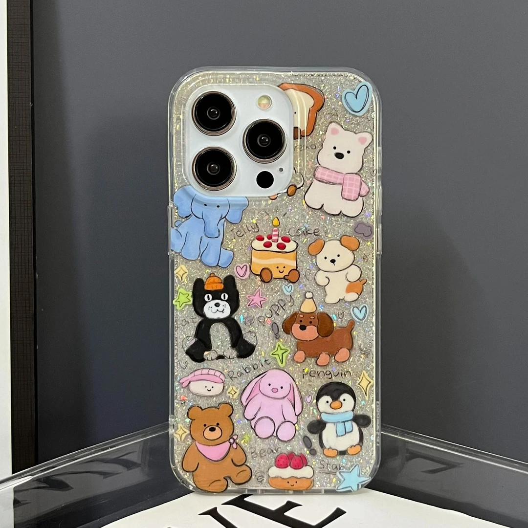 卡通涂鸦小动物适用苹果16promax手机壳iphone15全包防摔14双层13