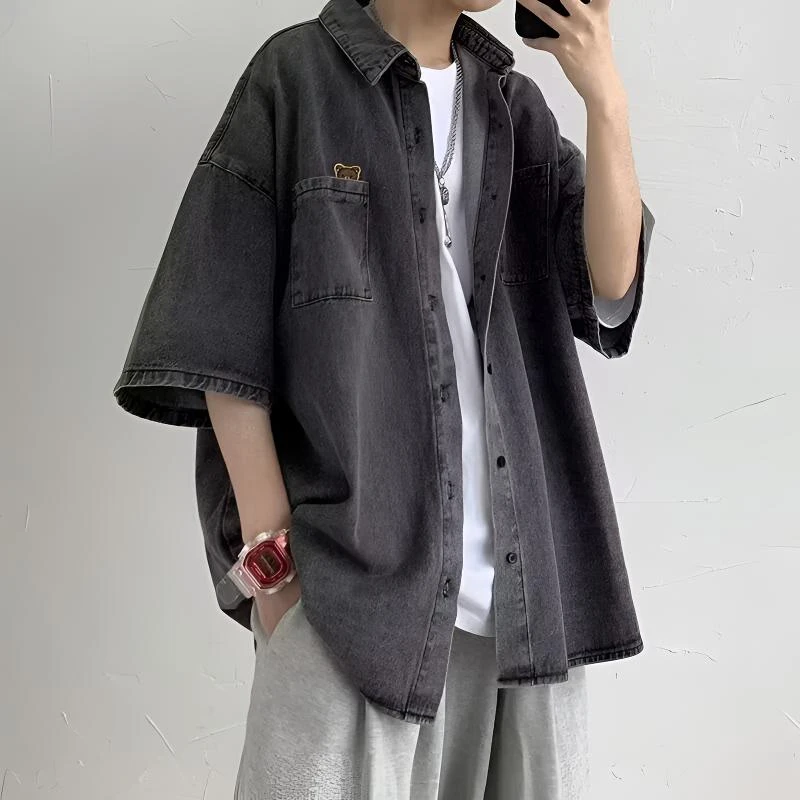 短袖牛仔衬衫男夏季美式潮牌痞帅宽松慵懒风情侣男装半袖寸衫外套