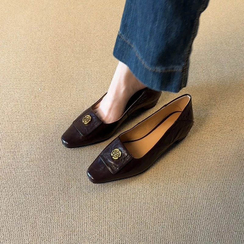 2CM-头层羊皮方头浅口新中式女单鞋法式通勤鞋复古高跟方头浅口女