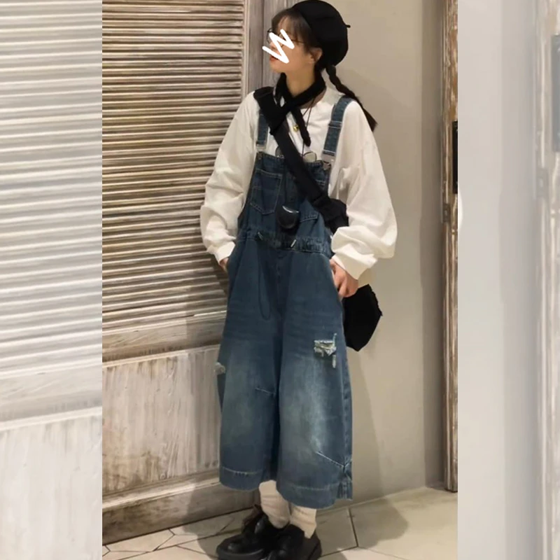 日系复古破洞牛仔背带裤女夏季慵懒风宽松显瘦休闲百搭八分阔腿裤