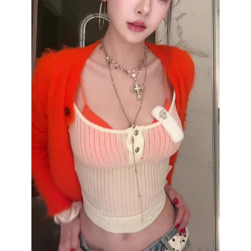 Miss sumey0800/0801纯欲叠穿辣妹纽扣针织长袖T恤女比基尼打底衫