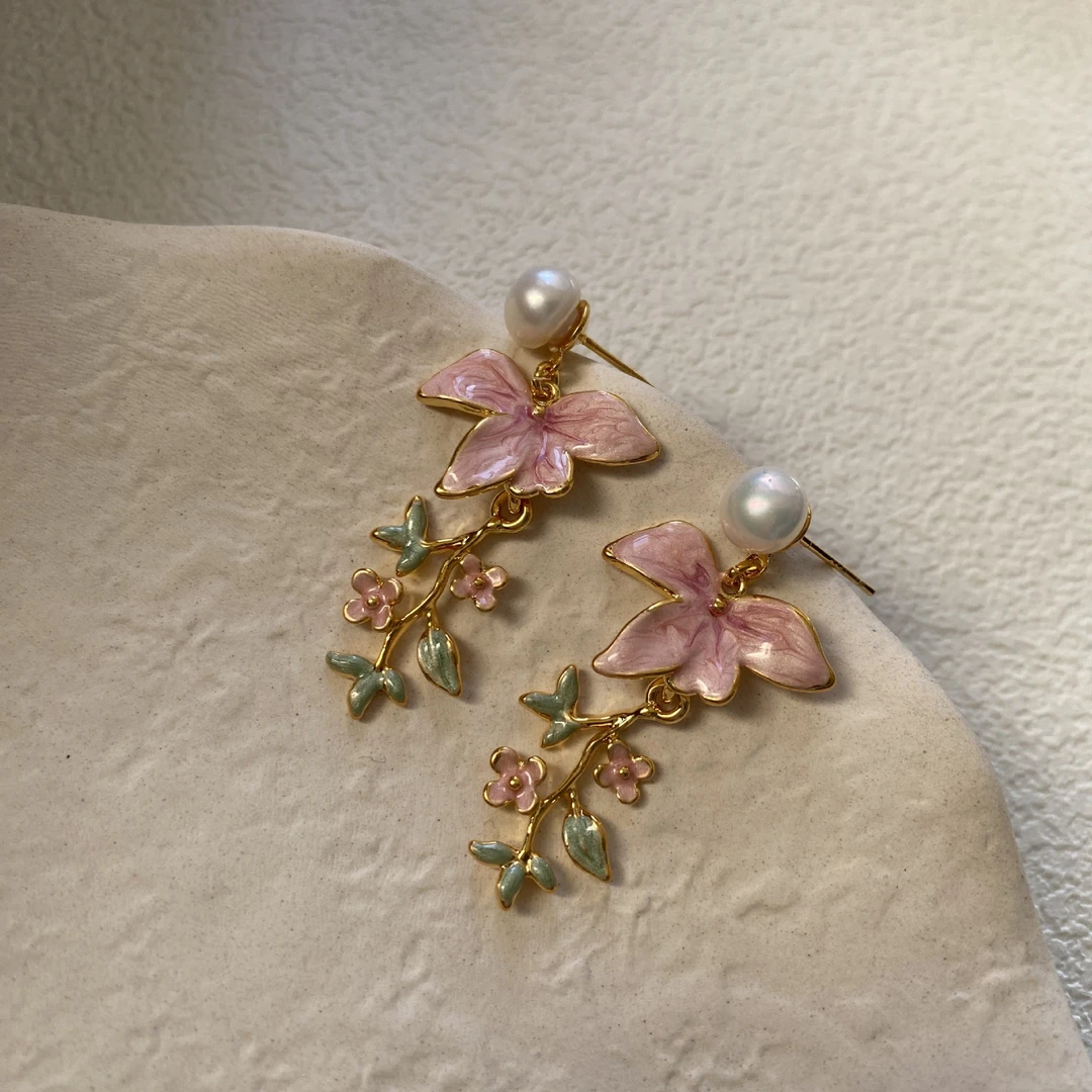 铜合金贝壳耳饰 复古法式珐琅油画花朵流苏耳环气质超仙百搭温柔