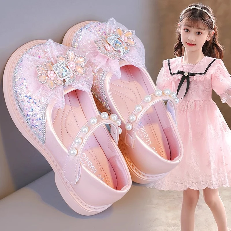 ABC童鞋女童水晶鞋2025新款儿童洋气皮鞋软底女孩宝宝闪亮公主鞋