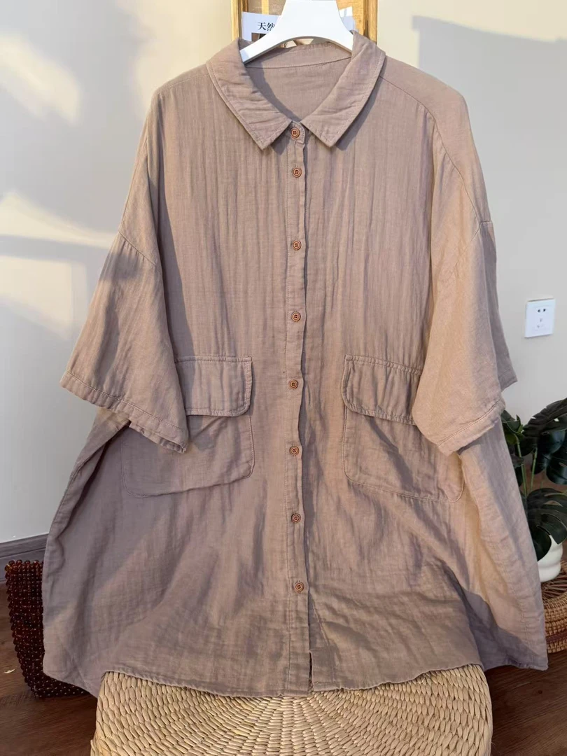 【云目悠悠】春夏季女士休闲中长款圆领排扣衬衫-2025567