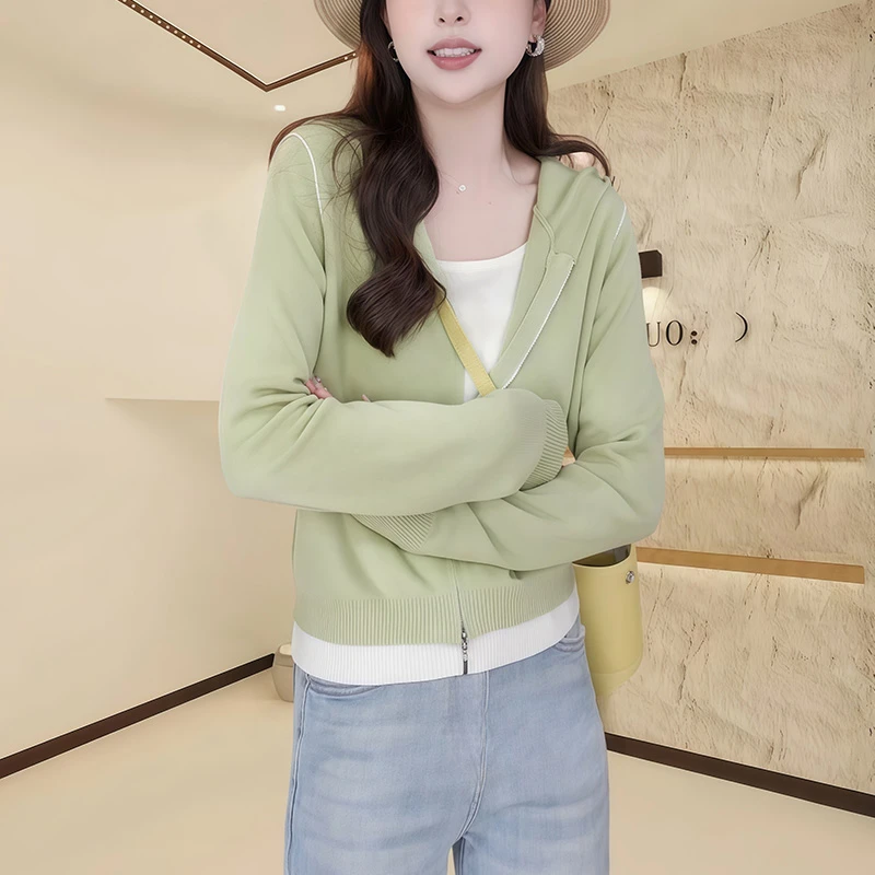 休闲洋气时尚纯色连帽设计针织衫女2025春季新款减龄显气质上衣潮