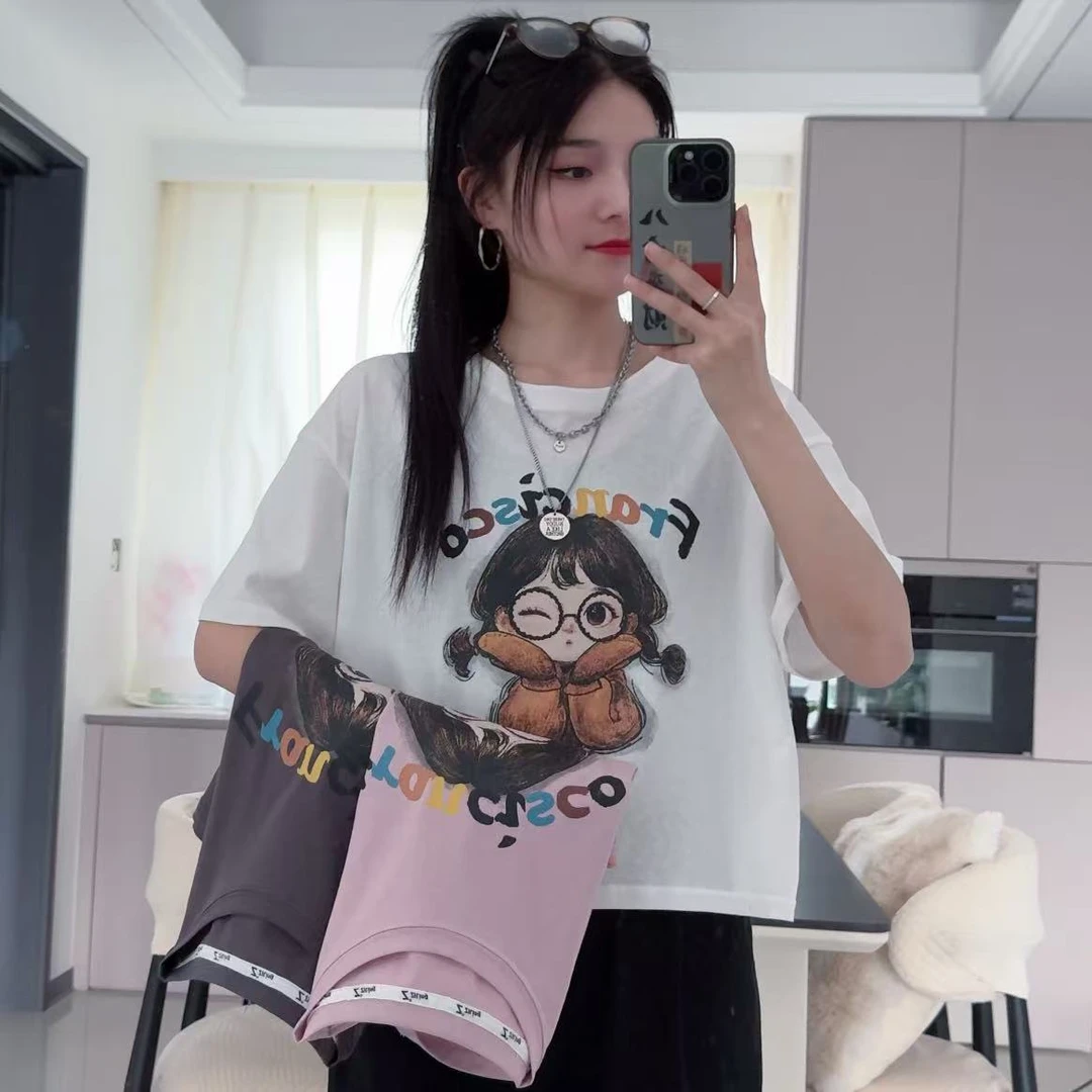 【小木南】曼夏季新款雪花棉时尚百搭休闲宽松卡通印花半袖T恤3607
