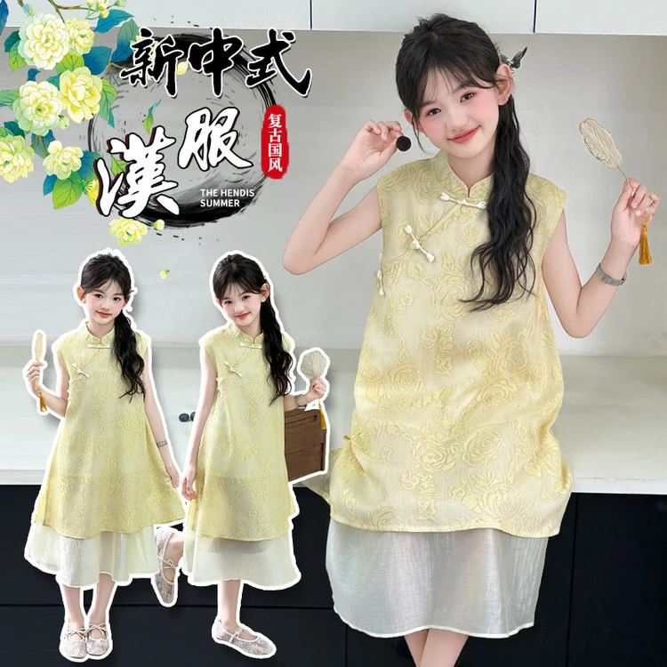夏季女童裙子时尚中大童复古风碎花旗袍裙儿童裙子薄款女童连衣裙
