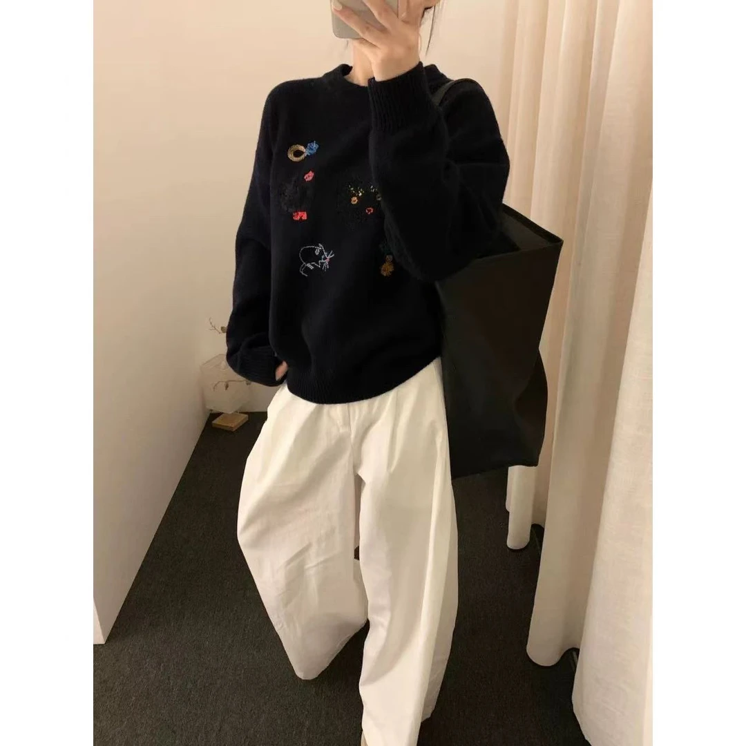 韩代猫咪刺绣慵懒风套头针织衫毛衣女8174