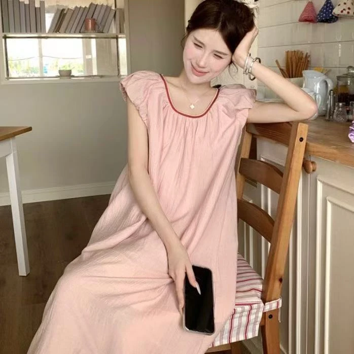 韩国ins甜美宽松系带露背蓬蓬公主风连衣裙可外穿居家睡衣裙