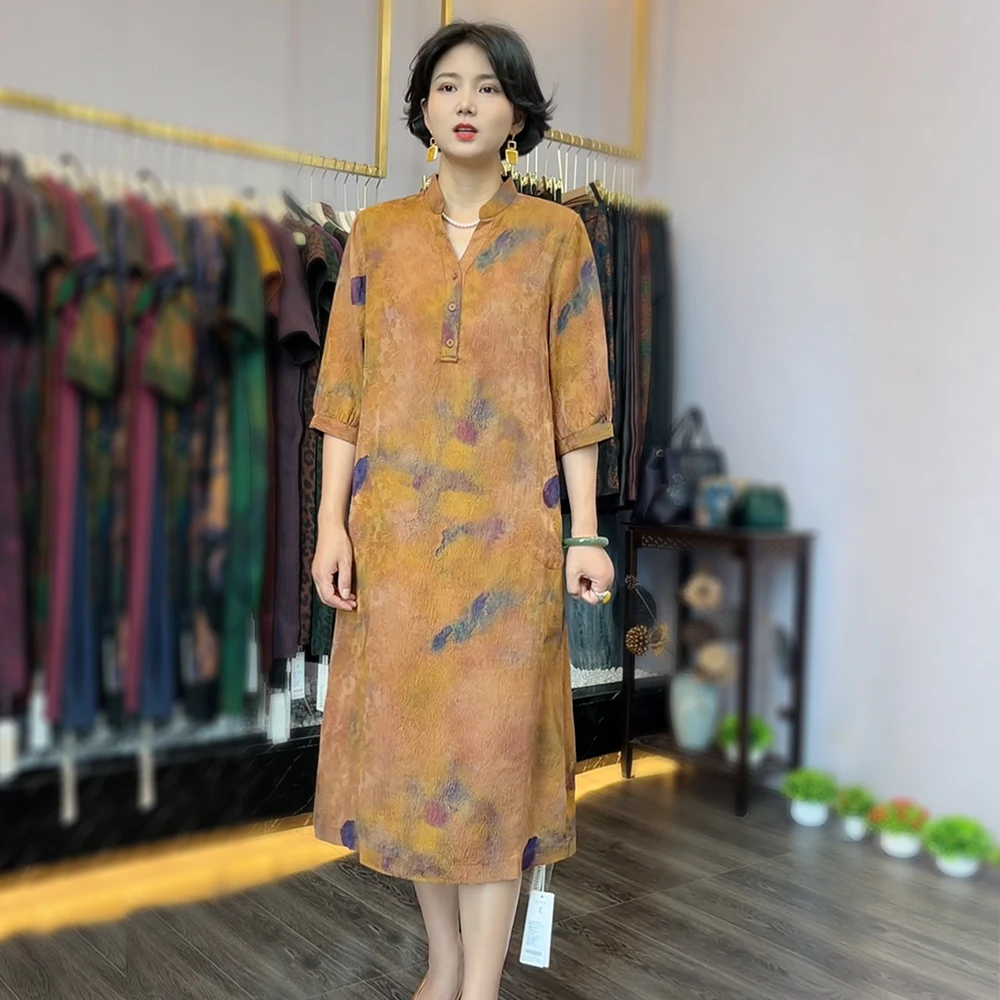 蚕物【86115】老料V领冠乐邹桑蚕丝100%香云纱连衣裙女