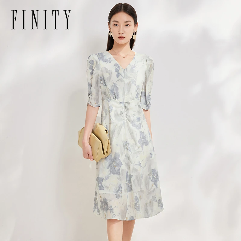 【粉丝专享】FINITY 新款100%桑蚕丝花色连衣裙休闲气质 F21W5A20L3