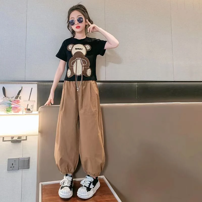 【原版质量】女童夏装套装洋气卡通小熊韩版时髦大童宽松阔腿裤套