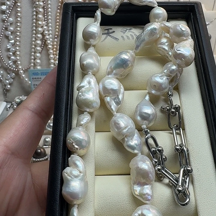 淡水珍珠银S925镶嵌颈饰巴洛克满窜马蹄扣10mm+有瑕疵