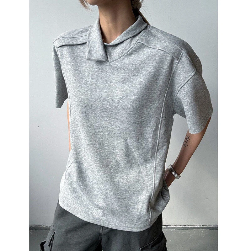 灰色解构翻领短款正肩t恤美式重磅男士短袖polo衫夏季正肩半截袖