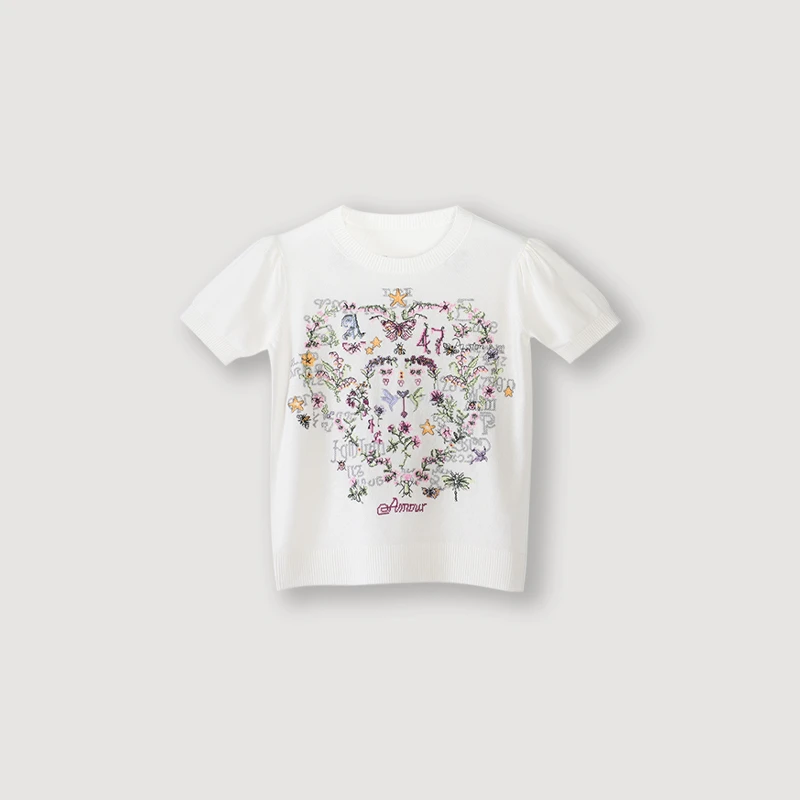 【巴黎序曲】CD同款100%莱赛尔面料爱心花蕊刺绣圆领针织衫