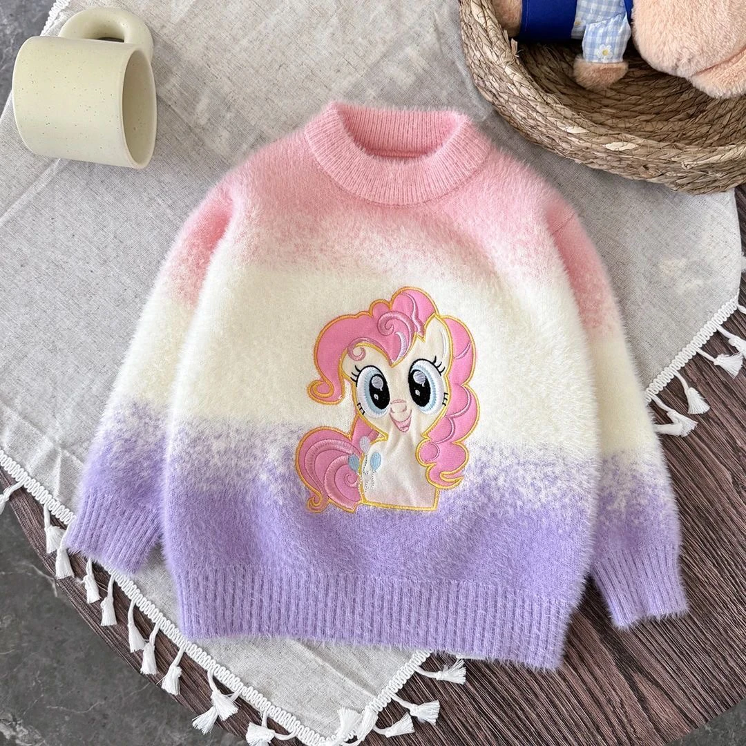 女童秋冬加密加厚水貂绒不起球新款中大童卡通洋气针织衫打底毛衣