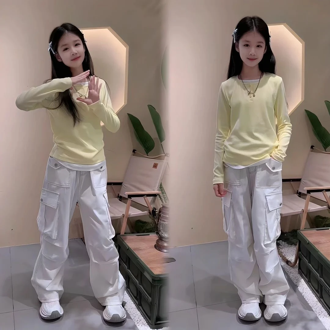 女童春秋假两件套装韩版宽松工装裤洋气中大童打底衫裤子两件套潮