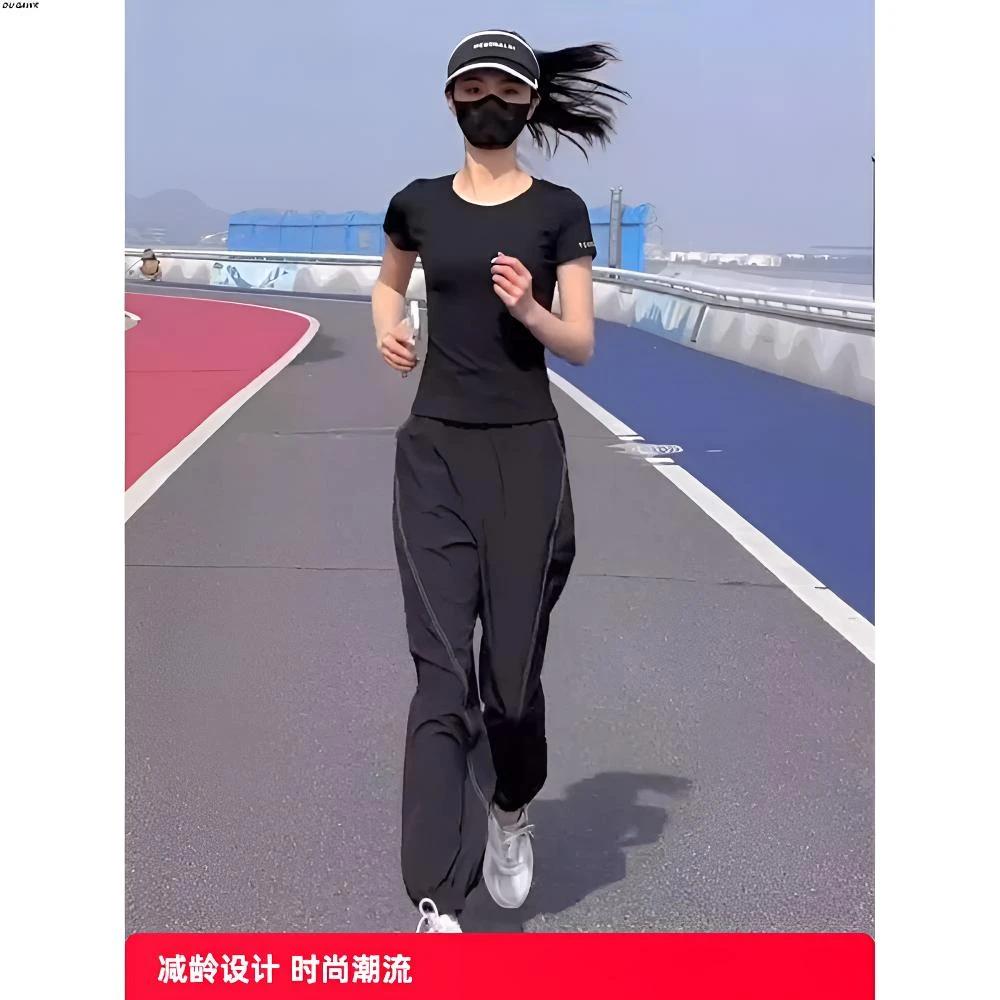 2025夏季新款减龄显瘦时尚休闲跑步短袖T恤高腰运动长裤套装女
