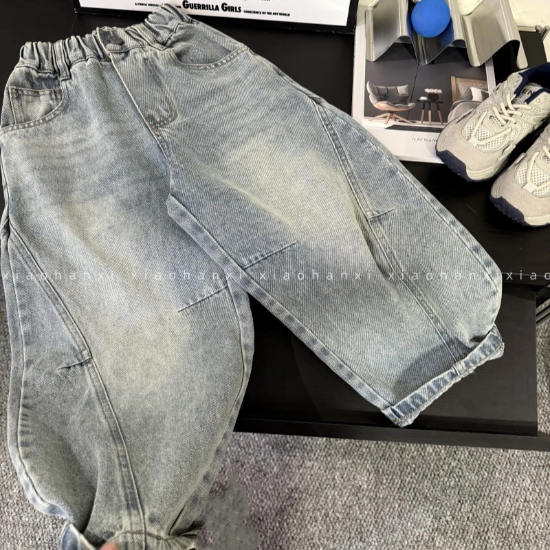 儿童潮流浅蓝色牛仔裤男童宽松韩版百搭裤子中大童长裤2025新款