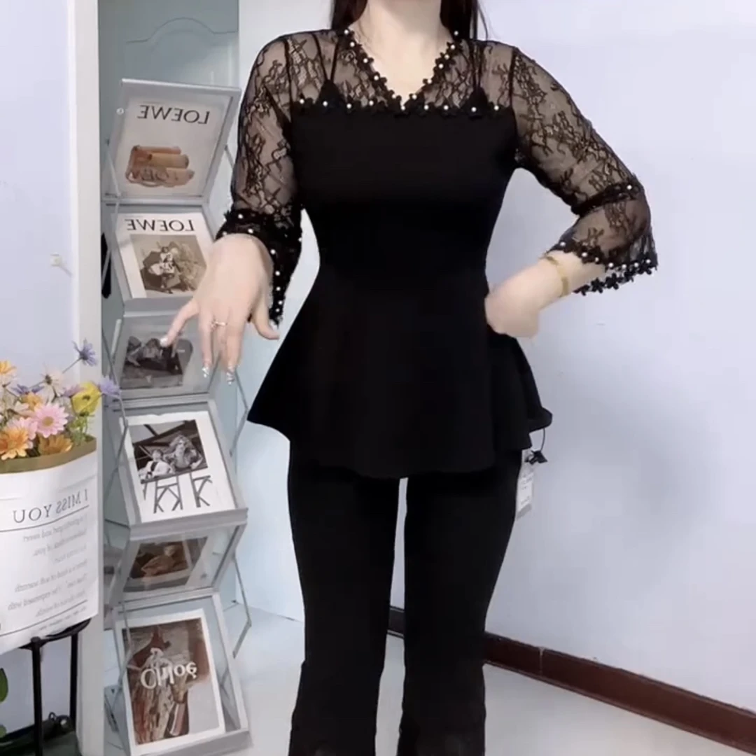 轻奢时尚钉珠蕾丝遮肉显瘦中袖上衣搭配九分裤套装