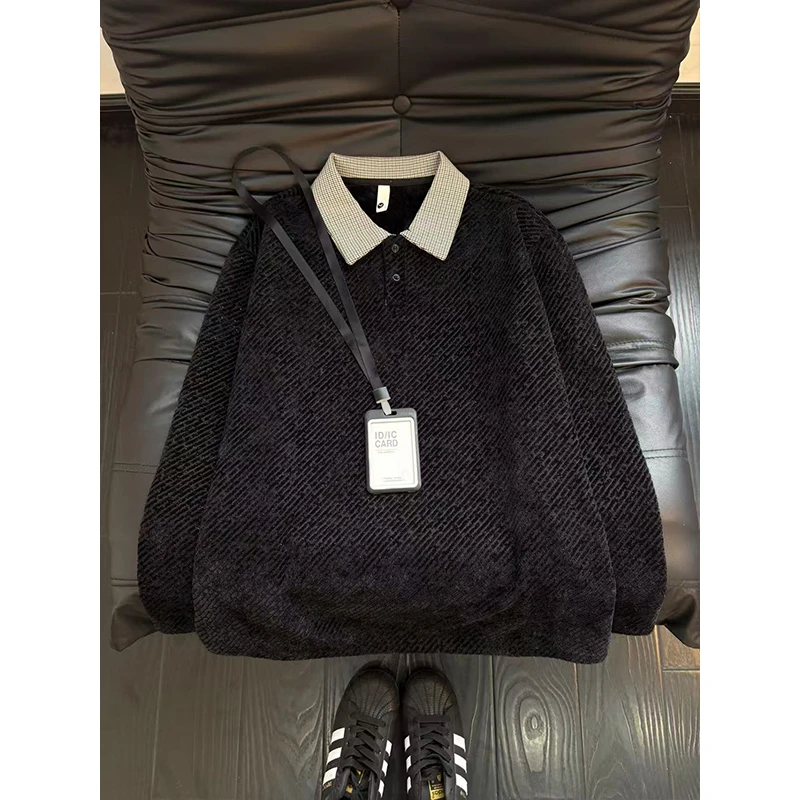 美式重磅雪尼尔polo衫卫衣男秋冬加绒加厚内搭千鸟格翻领长袖T恤