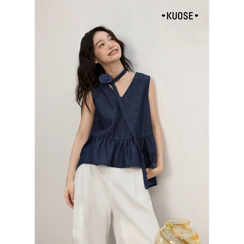 阔色v领牛仔背心吊带搭配立体花飘带25夏季新无袖上衣KSJ2504022