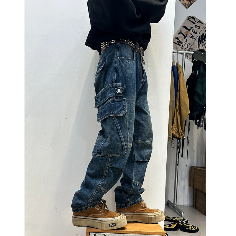 立体多口袋复古工装伐木牛仔裤 男女四季潮牌哈伦直筒跨牛长裤