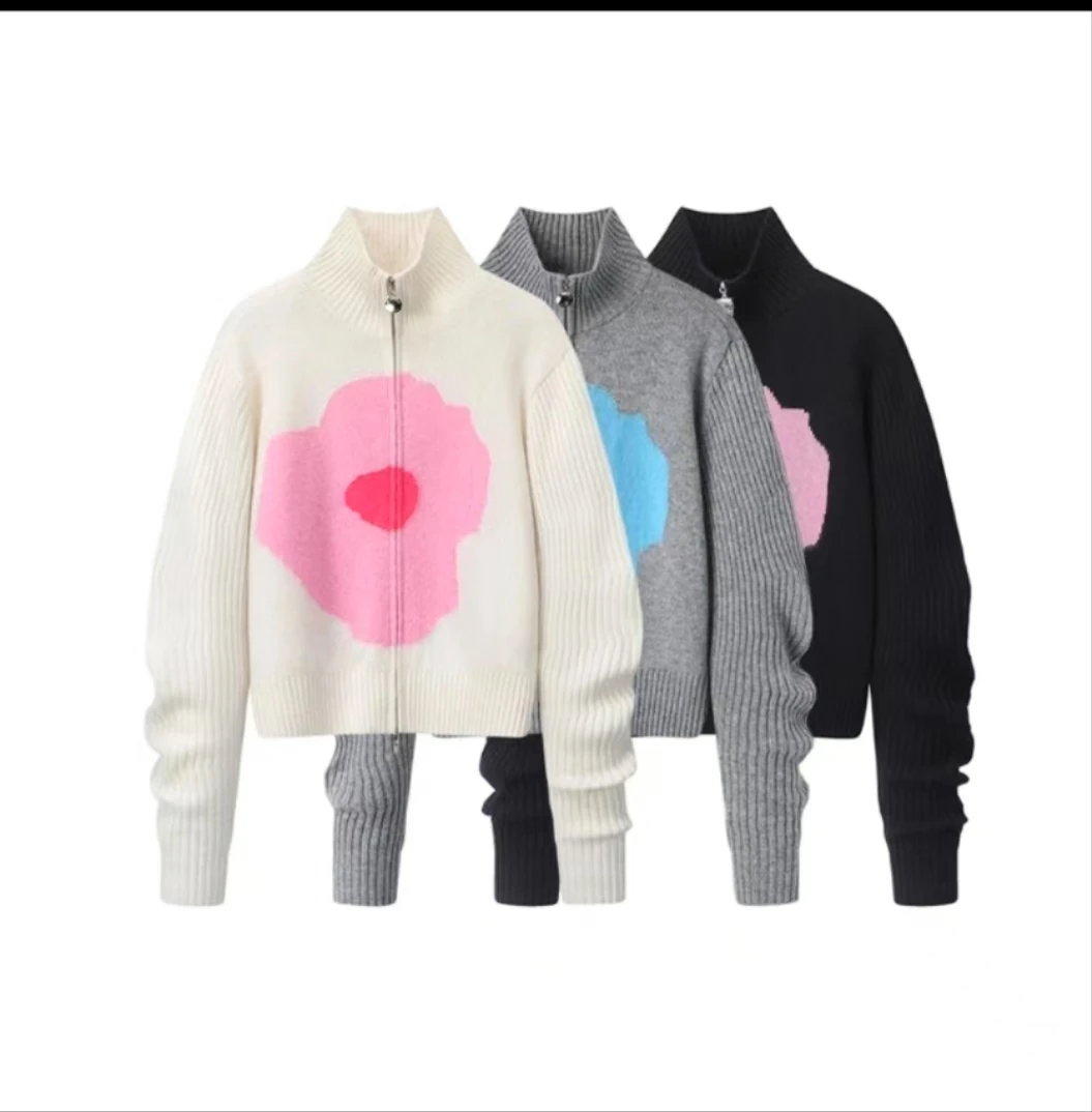 0337简约设计感花朵提花拉链针织开衫毛衣外套女2024冬季新品上衣