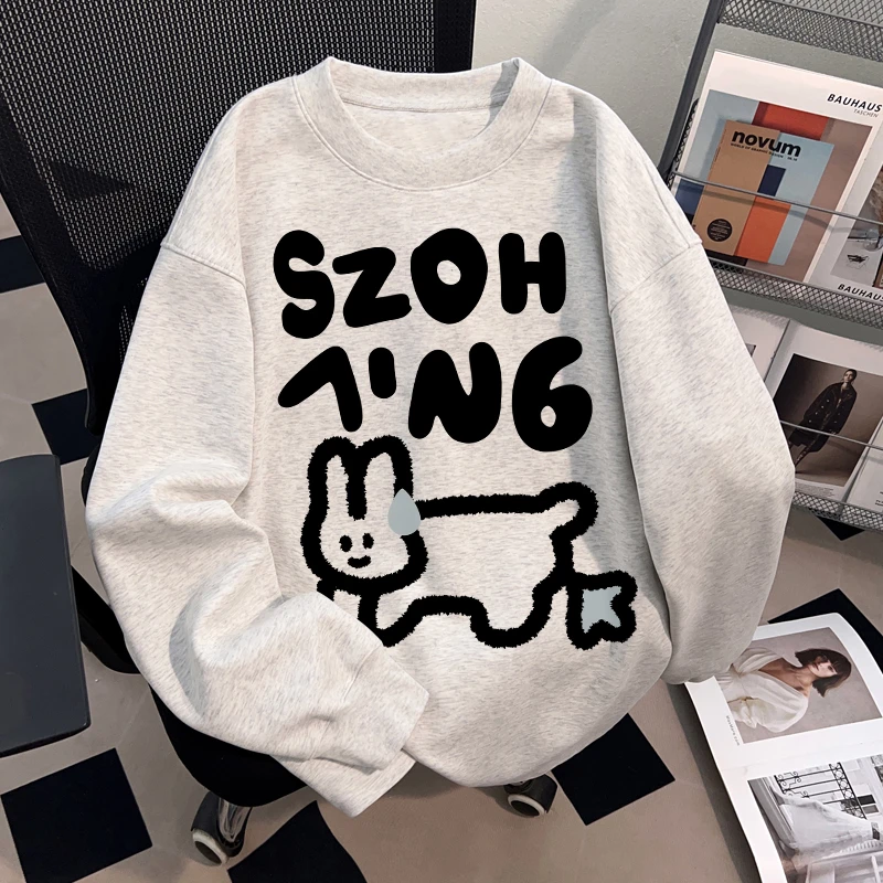 Dekkry韩系卡通字母印花秋冬纯棉长袖男女港风宽松白灰色t恤上衣