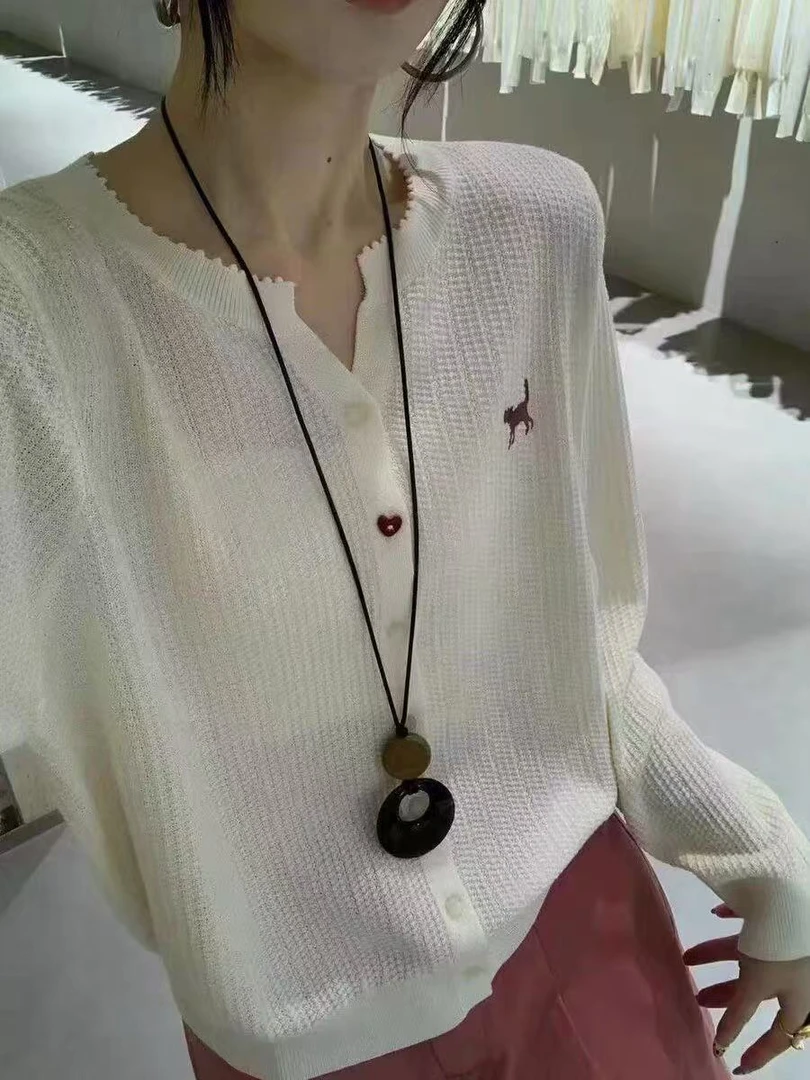 微胖刺绣小猫针织开衫女宽松显瘦百搭毛衣外套大码女装春秋上衣