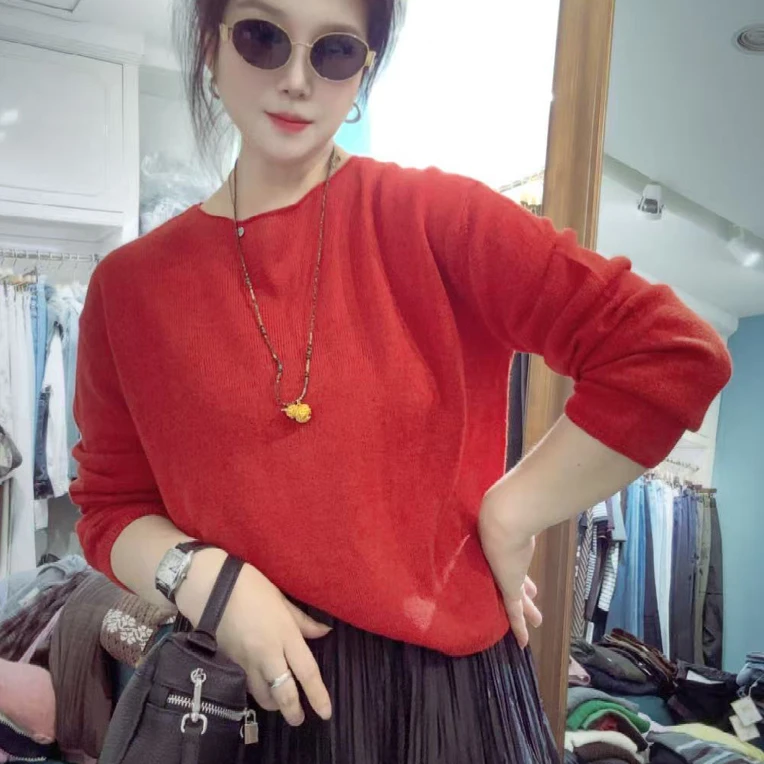 休闲风不起球红色套头毛针织衫不褪色圆领长袖上衣