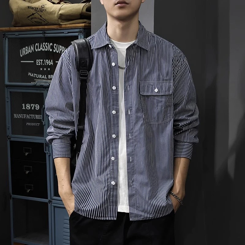 春季新款美式条纹长袖男士衬衫休闲百搭纯棉衬衣宽松透气翻领上衣