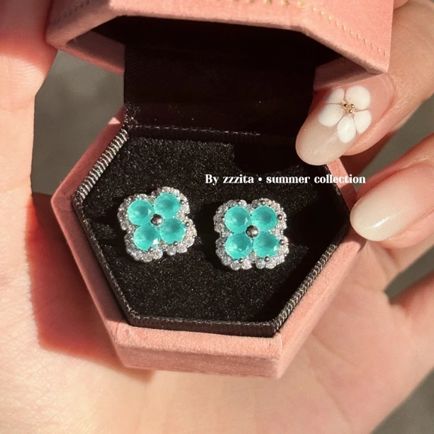 合金仿水晶耳饰 Crystal Blue·薄荷糖～小众百搭彩色闪钻花朵耳环