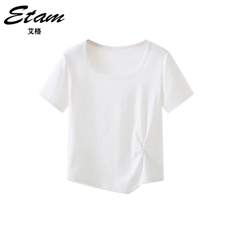 Etam/艾格简约款褶皱收腰U领t恤2025夏季新款纯色短袖百搭上衣女