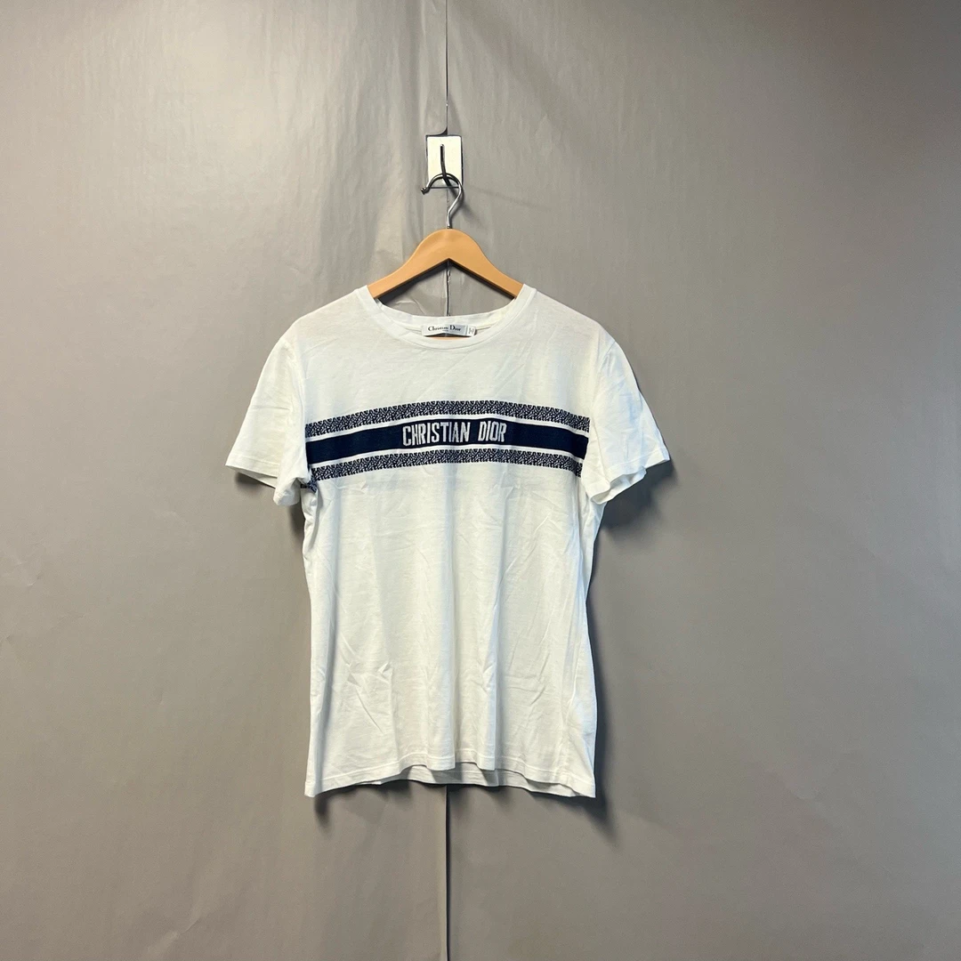 99新 DIOR/迪奥 白色条纹标语短袖T恤 L码#7071