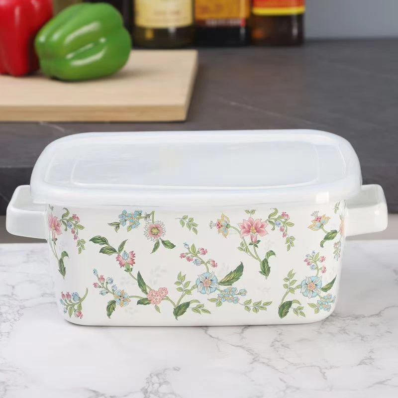 特厚珐琅搪瓷长方多用盒硅胶盖花色随机（23.5*18.5*10.5）