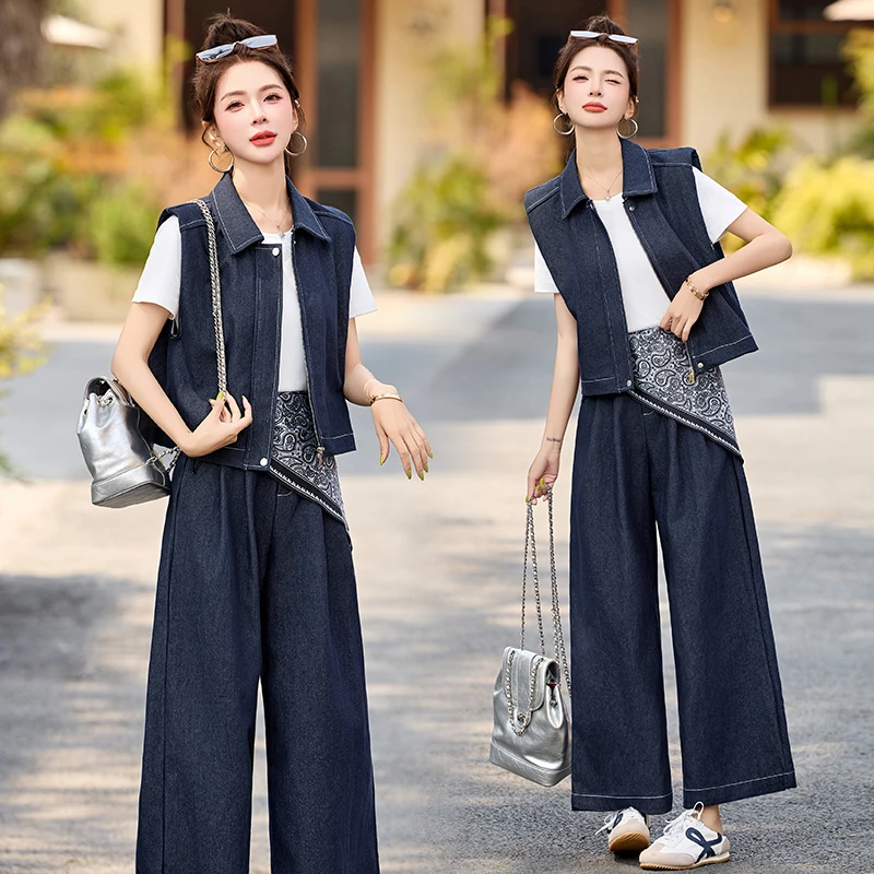 复古港风牛仔套装女2025夏季新款韩系气质高级设计感阔腿裤三件套