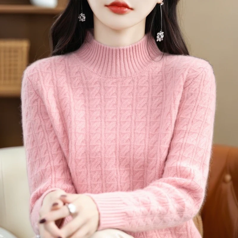 纯100羊绒衫女加厚保暖半高领百搭麻花套头秋冬女士中年妈妈毛衣
