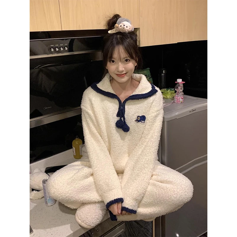 韩版简约半开领半边绒睡衣女冬季新款保暖加厚软糯针织家居服套装