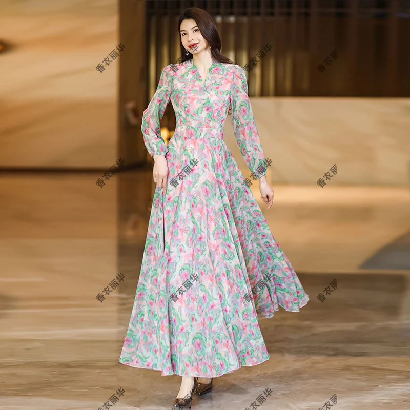 28A-287春夏花色长款过膝大摆连衣裙修身显瘦气质简约度假沙滩裙