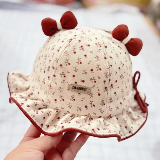 婴儿宝宝帽子春秋季可爱女宝宝洋气渔夫帽韩版公主女孩碎花蝴蝶结