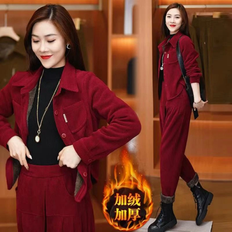 高档气质休闲运动服套装女秋冬新款时尚加绒加厚外套哈伦裤两件套