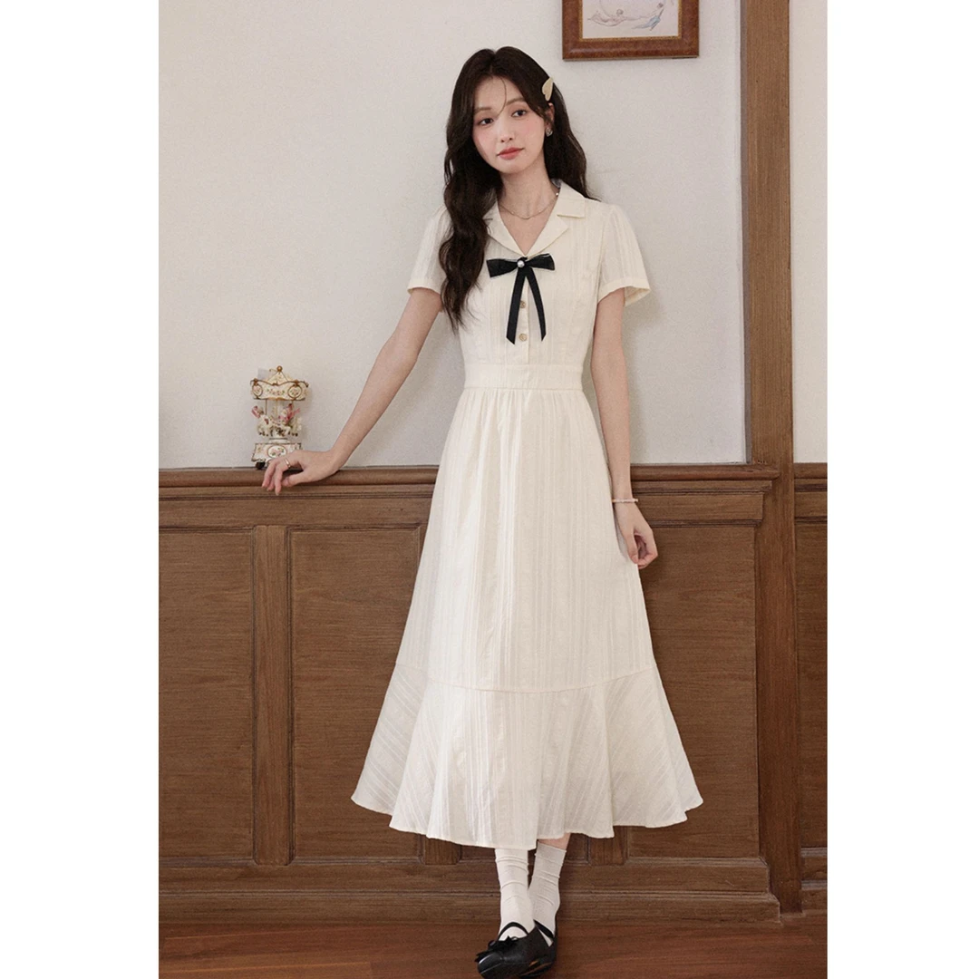 鹿向南「风起时分」杏色法式显瘦收腰蝴蝶结短袖连衣裙女夏季长裙