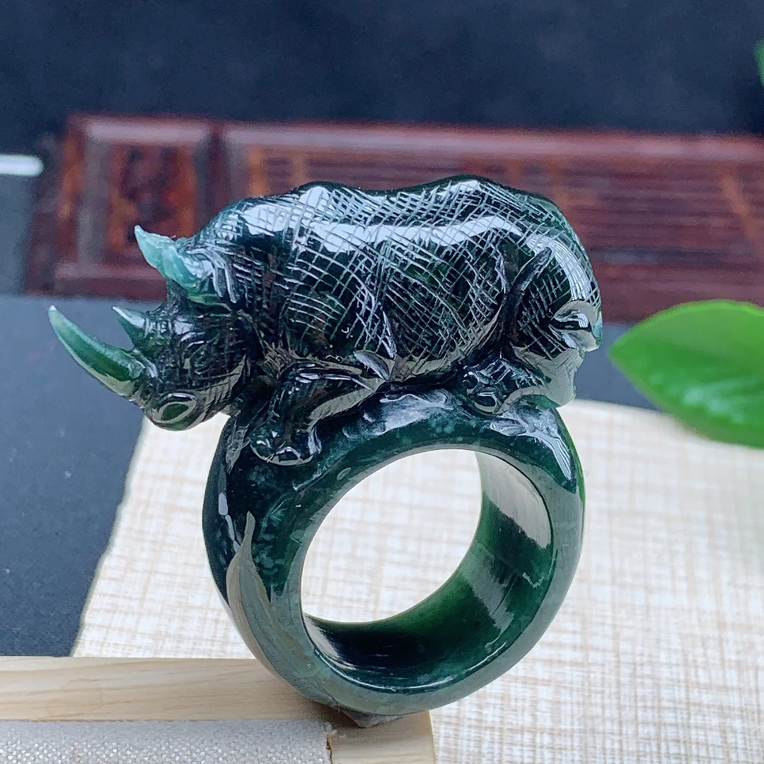 戒指内径21.2玉石缅甸天然A货翡翠蓝绿色犀牛扳指戒指