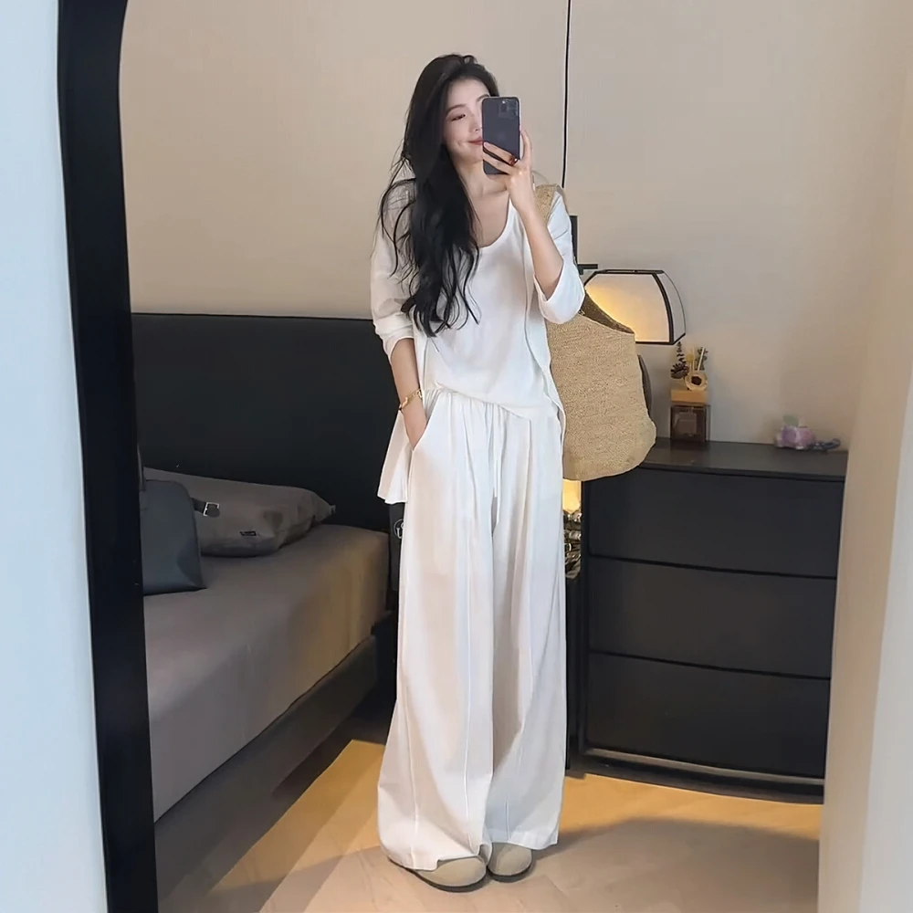 休闲气质白色长裤时尚三件套女早春2025高级感长袖衬衣背心DZG