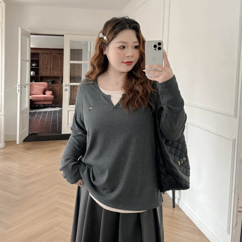 DC7021大码女装【高街假两件T恤】撞色刺绣显瘦慵懒长袖针织上衣