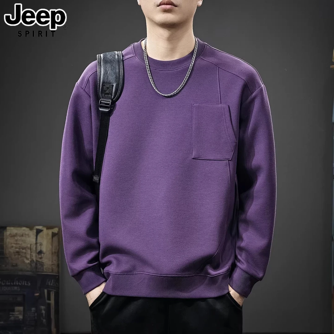 JEEPSPIRIT吉普25秋冬美式磅圆领男士拼接卫衣日系宽松休闲上衣