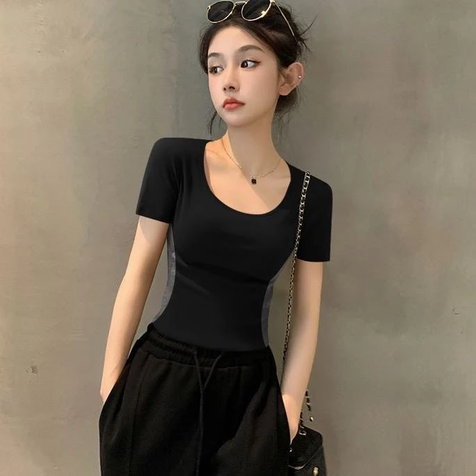 【两件装】夏季新款V领个性短款短袖撞色T恤百搭气质显瘦修身上衣女